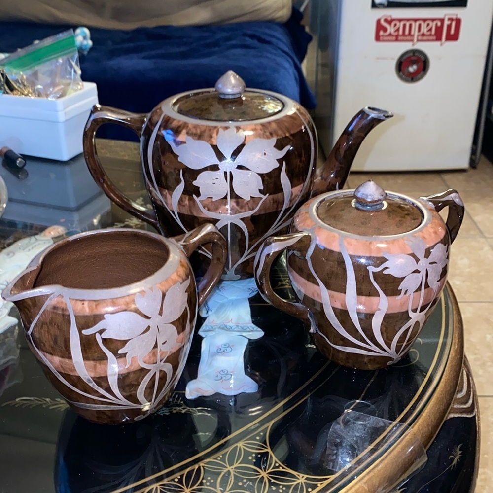 Antique Brown Glaze Silver Overlay Art Nouveau Set Teapot, Sugar Bowl & Creamer